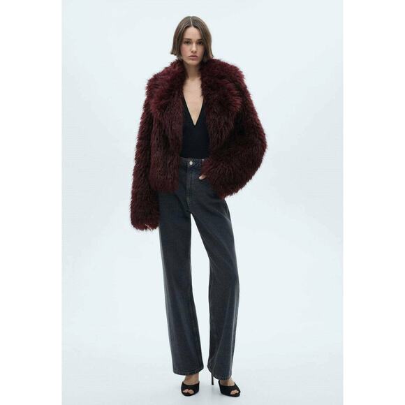 Mango Fur Jacket With Lapels - L - Burgundy - Picture 2 of 7